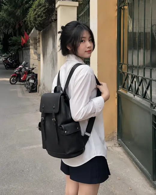 Bạn nữ đeo balo Guardian màu đen đi trên vỉa hè