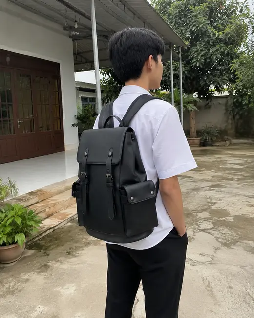 Bạn nam đeo balo Guardian màu đen trong sân nhà