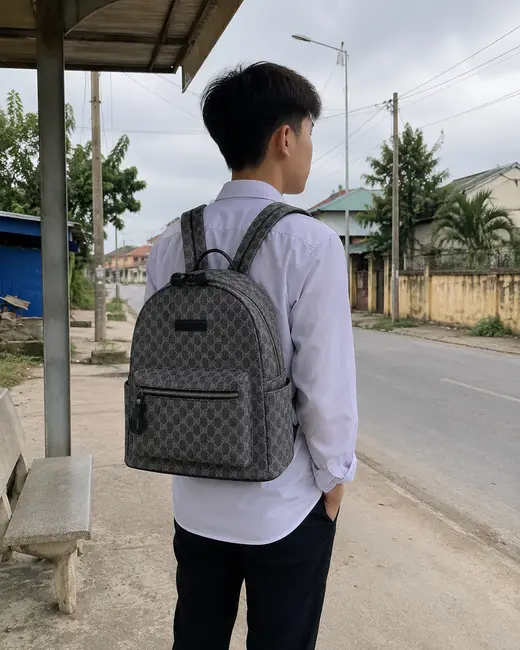Bạn nam đeo balo Scholar Daily họa tiết monogram xám trên đường