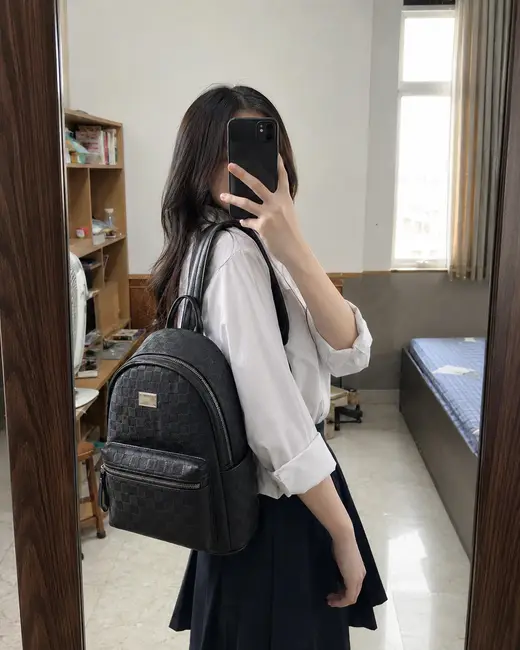Ảnh chụp gương một bạn nữ đeo balo họa tiết caro chìm