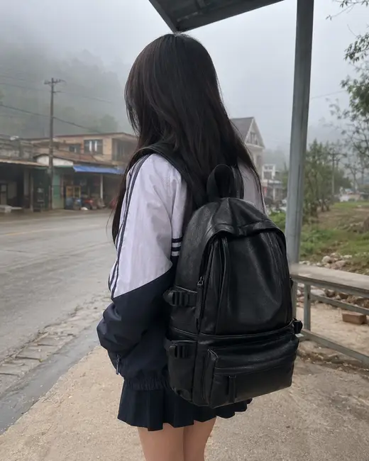 Bạn nữ đeo balo màu đen chờ ở trạm xe buýt buổi sáng sương