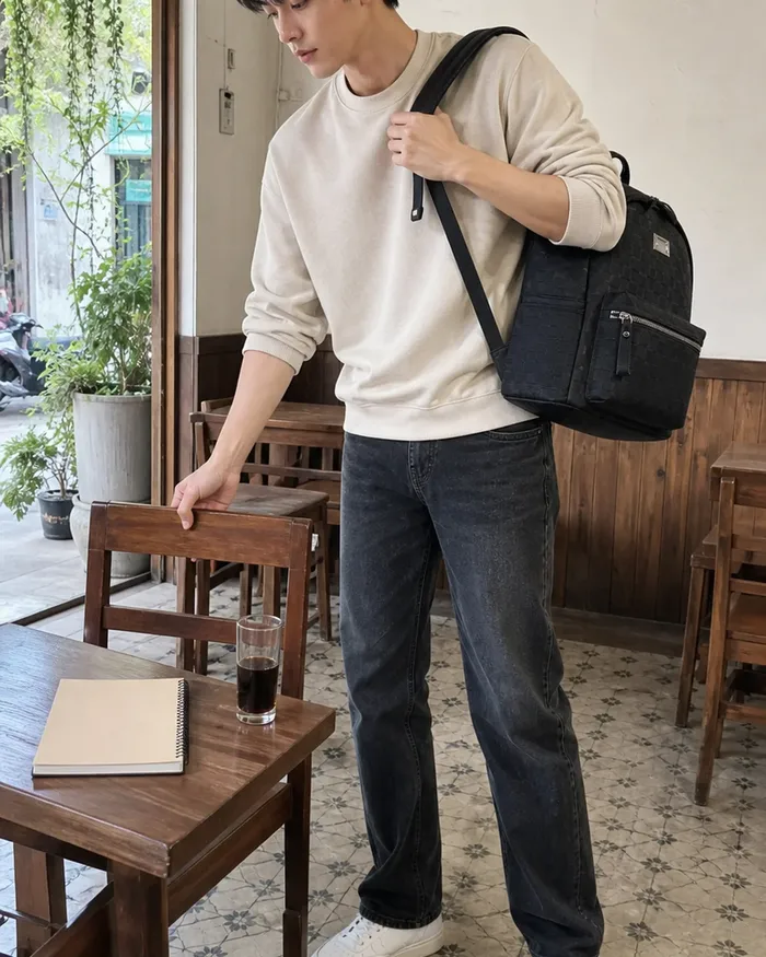 Balo Scholar Classic 14" đeo trên người – vào quán cà phê